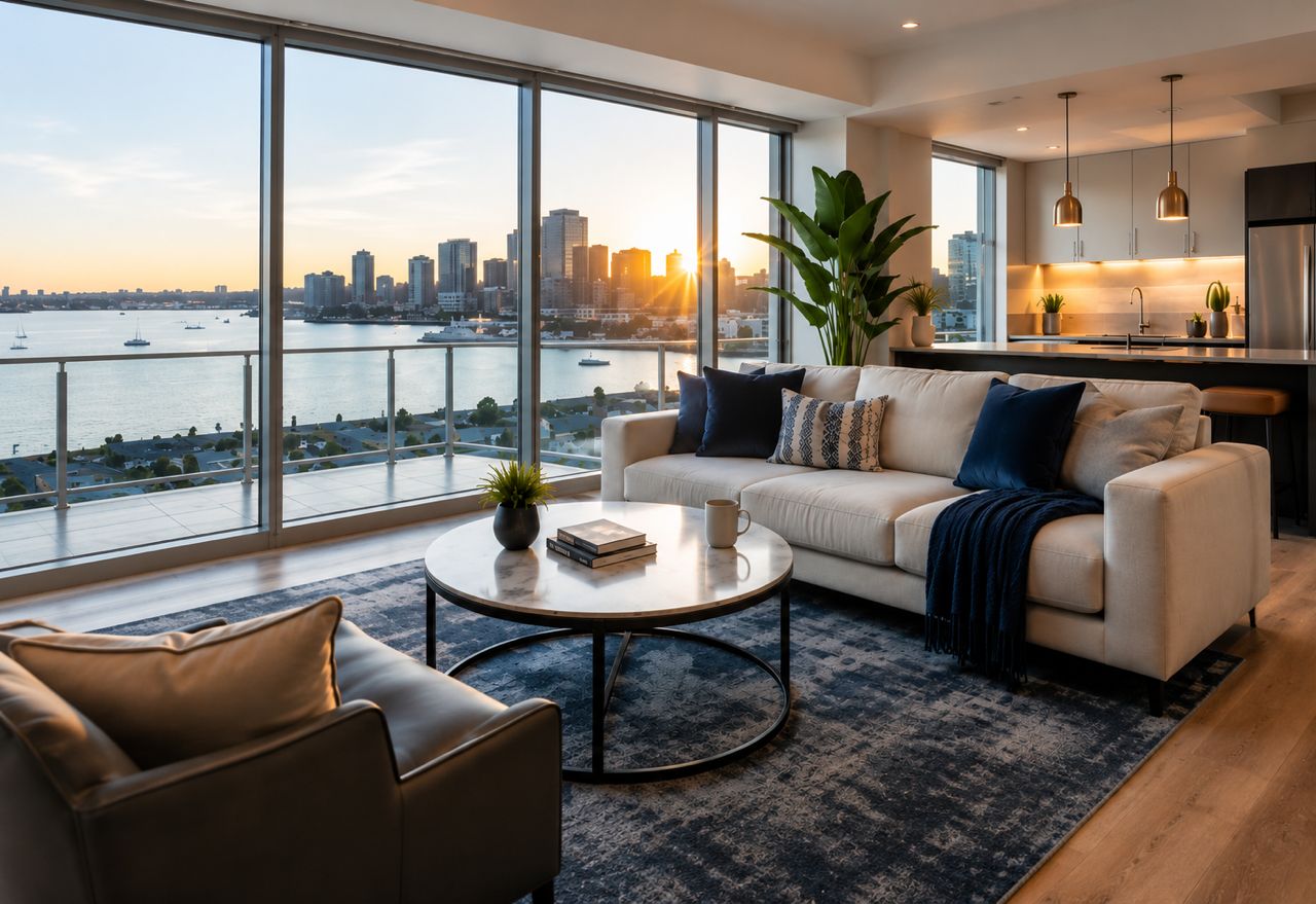 Modern furnished living room with a soft harbor view
