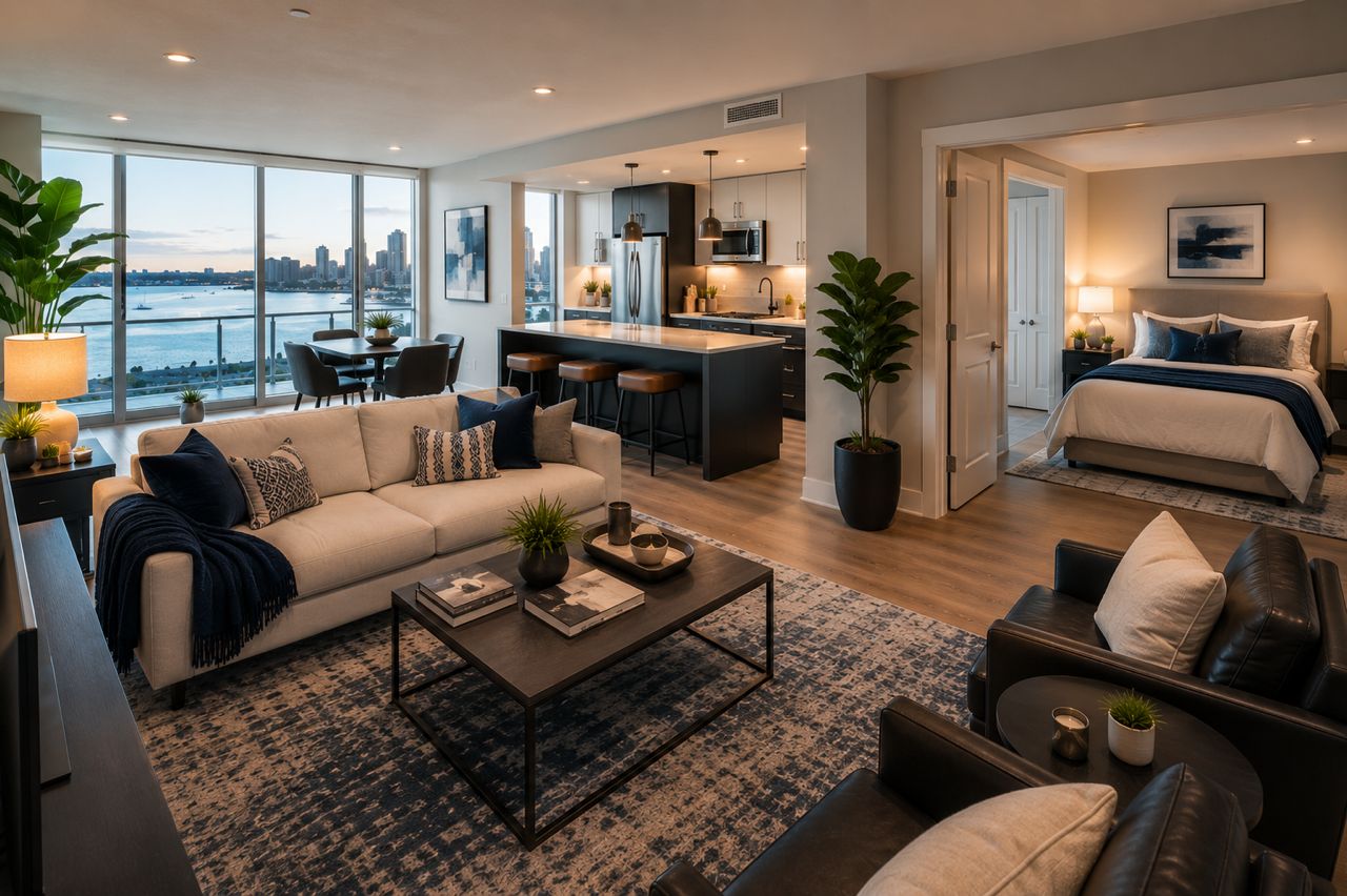 Clean, fully furnished one-bedroom apartment interior